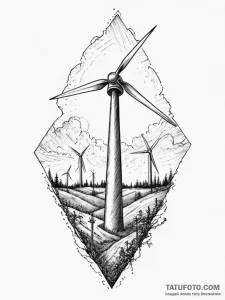 A wind turbine field at sunset., concept art... - эскиз тату (№1754752710_0, 09.08.2025 15:18) — Tatufoto.com