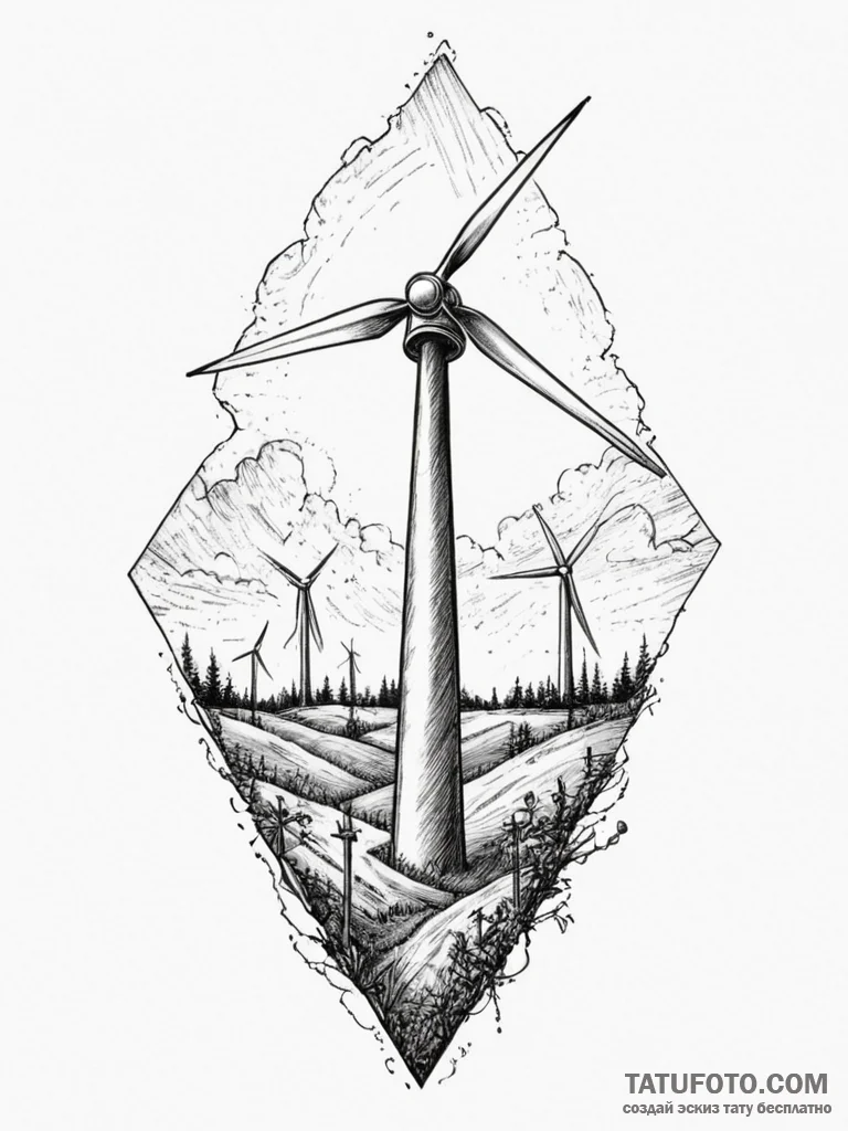 A wind turbine field at sunset., concept art… — эскиз тату (№1754752710_0, 09.08.2025 15:18) — Tatufoto.com