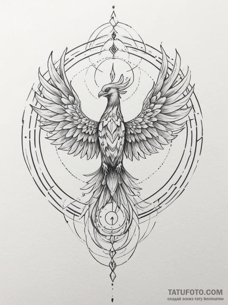 Phoenix, ink illustration for tattoo, on a cl... - эскиз тату (№1754755895_0, 09.08.2025 16:11) — Tatufoto.com