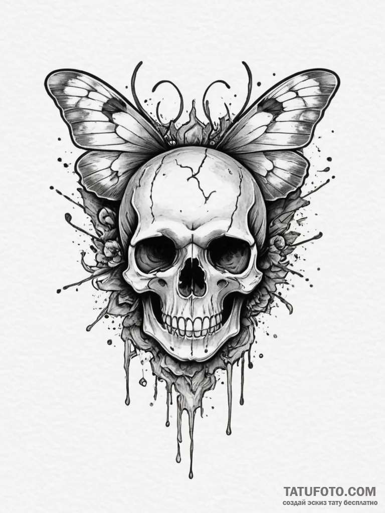 A moth on a skull, artistic tattoo sketch, cl... - эскиз тату (№1754761289_0, 09.08.2025 17:41) — Tatufoto.com
