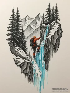 A person ice climbing up a frozen waterfall.,... - эскиз тату (№1754761693_0, 09.08.2025 17:48) — Tatufoto.com