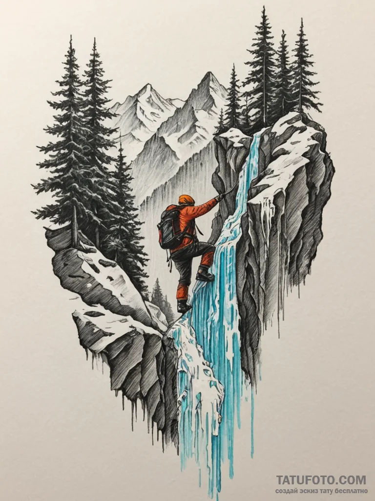 A person ice climbing up a frozen waterfall.,... - эскиз тату (№1754761693_0, 09.08.2025 17:48) — Tatufoto.com