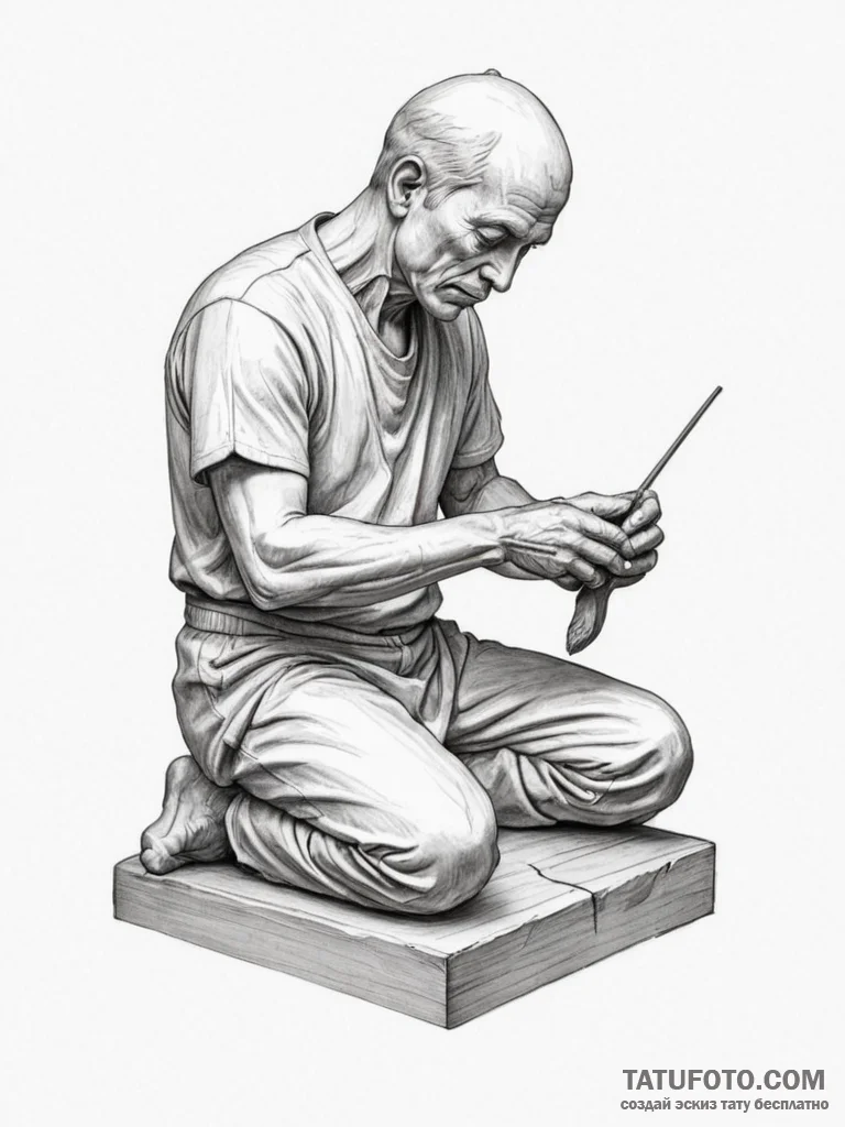A person carving a wooden sculpture. - эскиз тату (№1754764105_0, 09.08.2025 18:28) — Tatufoto.com