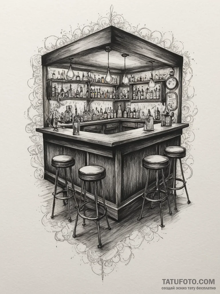 A dimly lit, atmospheric speakeasy bar with v... - эскиз тату (№1754765108_0, 09.08.2025 18:45) — Tatufoto.com