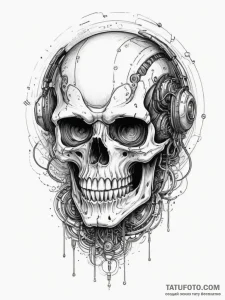 A skull with a glowing cyberpunk visor, tatto... - эскиз тату (№1754765712_0, 09.08.2025 18:55) — Tatufoto.com