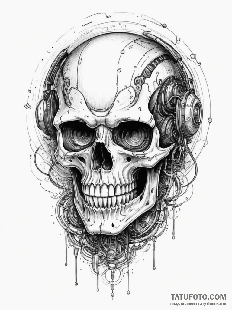 A skull with a glowing cyberpunk visor, tatto... - эскиз тату (№1754765712_0, 09.08.2025 18:55) — Tatufoto.com