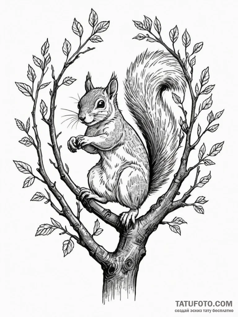 A squirrel mid-leap between two tree branches... - эскиз тату (№1754766113_0, 09.08.2025 19:01) — Tatufoto.com
