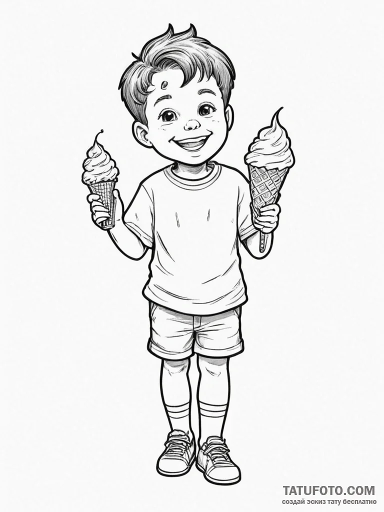 A young boy with a missing front tooth, grinn... - эскиз тату (№1754769322_0, 09.08.2025 19:55) — Tatufoto.com
