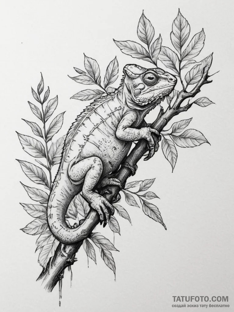 A chameleon perfectly camouflaged on a leafy... - эскиз тату (№1754769929_0, 09.08.2025 20:05) — Tatufoto.com