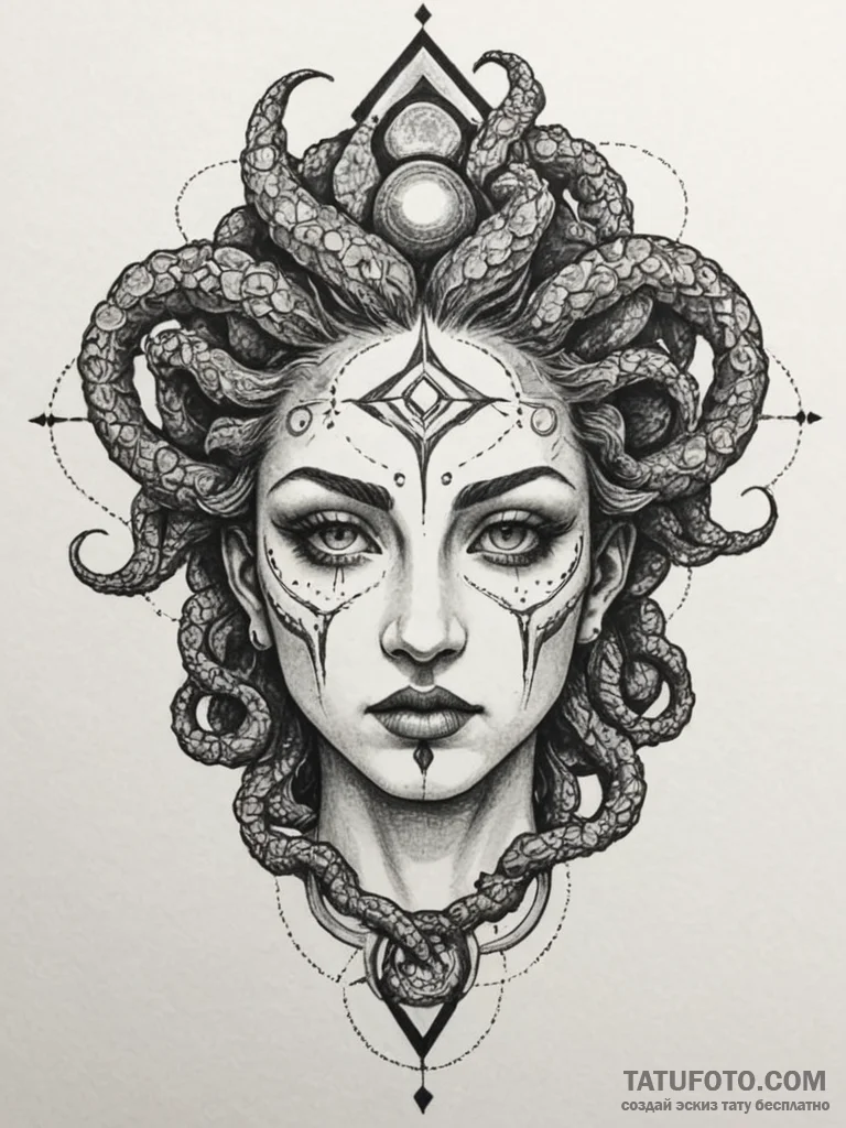 Tattoo sketch a gorgon's head, symbolizing fa... - эскиз тату (№1754770728_0, 09.08.2025 20:18) — Tatufoto.com