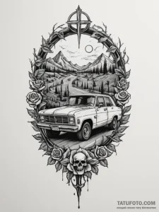 Tattoo sketch a post-apocalyptic vehicle driv... - эскиз тату (№1754771333_0, 09.08.2025 20:28) — Tatufoto.com