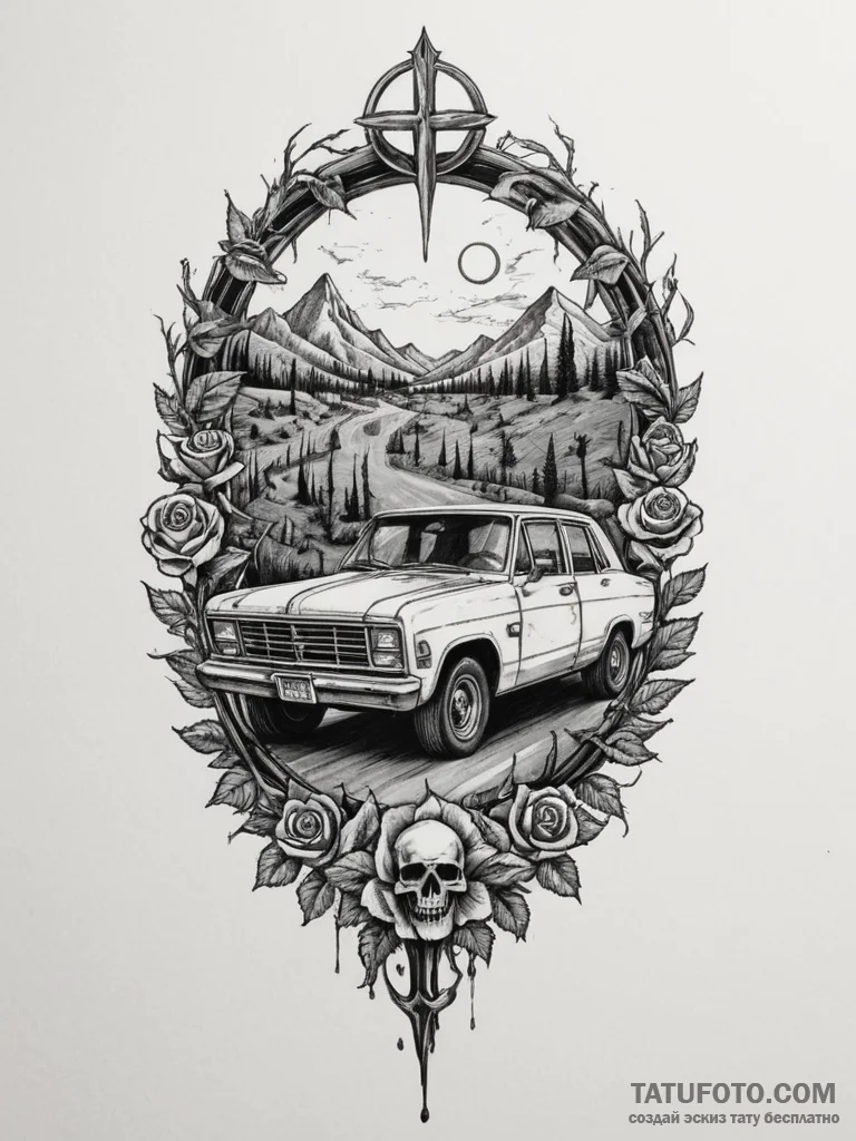 Tattoo sketch a post-apocalyptic vehicle driv... - эскиз тату (№1754771333_0, 09.08.2025 20:28) — Tatufoto.com