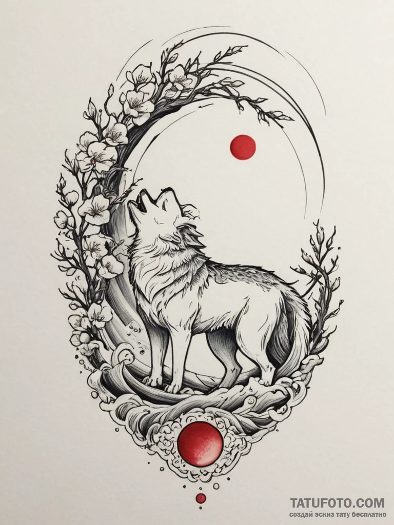 Tattoo sketch: a stylized wolf howling at a l... - эскиз тату (№1754772741_0, 09.08.2025 20:52) — Tatufoto.com