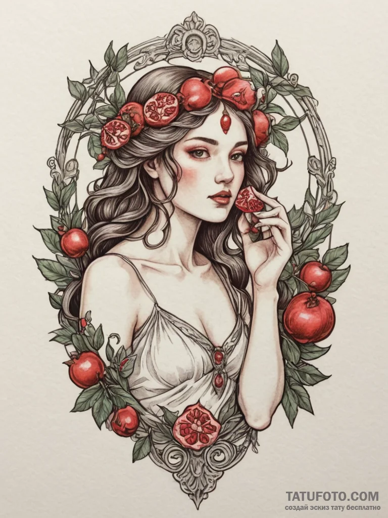 Persephone with a pomegranate, tattoo sketch... - эскиз тату (№1754772942_0, 09.08.2025 20:55) — Tatufoto.com