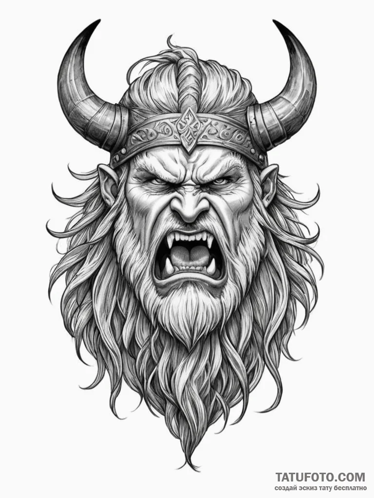 Tattoo design a viking berserker's face, mid-... - эскиз тату (№1754774344_0, 09.08.2025 21:19) — Tatufoto.com