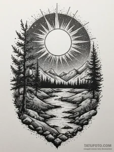 Tattoo sketch a sunrise and sunset over a sha... - эскиз тату (№1754778151_0, 09.08.2025 22:22) — Tatufoto.com
