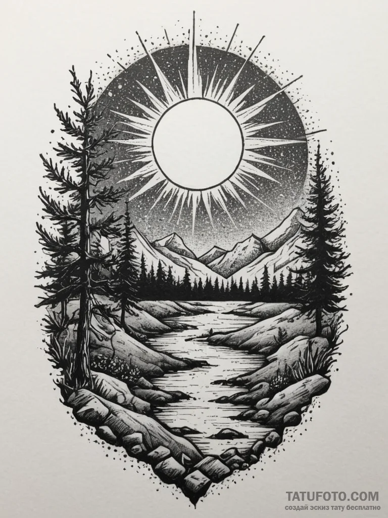 Tattoo sketch a sunrise and sunset over a sha... - эскиз тату (№1754778151_0, 09.08.2025 22:22) — Tatufoto.com