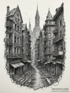 Tattoo sketch a post-apocalyptic cityscape wi... - эскиз тату (№1754779170_0, 09.08.2025 22:39) — Tatufoto.com