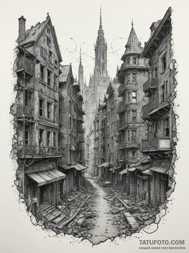 Tattoo sketch a post-apocalyptic cityscape wi... - эскиз тату (№1754779170_0, 09.08.2025 22:39) — Tatufoto.com