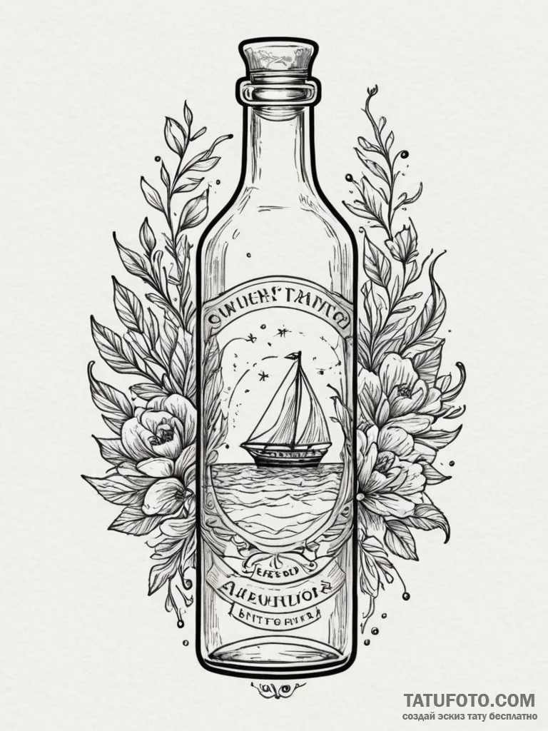 Tattoo design a stylized message in a bottle... - эскиз тату (№1754779973_0, 09.08.2025 22:52) — Tatufoto.com