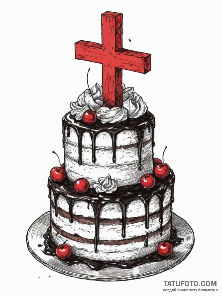 Cake, tattoo drawing outline, detailed cross-... - эскиз тату (№1754781183_0, 09.08.2025 23:13) — Tatufoto.com