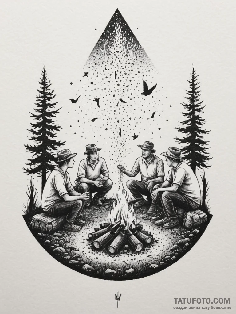 A group of people around a campfire, telling... - эскиз тату (№1754781990_0, 09.08.2025 23:26) — Tatufoto.com