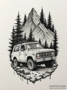 A rugged, mud-splattered 4x4 off-road vehicle... - эскиз тату (№1754785335_0, 10.08.2025 00:22) — Tatufoto.com