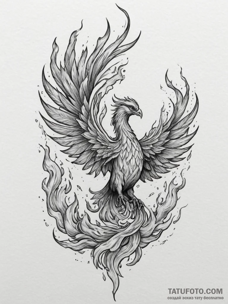 Tattoo sketch: a phoenix rising from flames,... - эскиз тату (№1754785925_0, 10.08.2025 00:32) — Tatufoto.com