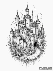 Tattoo design a medieval village with a castl... - эскиз тату (№1754787106_0, 10.08.2025 00:51) — Tatufoto.com