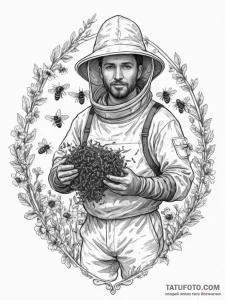 A portrait of a beekeeper holding a frame swa... - эскиз тату (№1754792912_0, 10.08.2025 02:28) — Tatufoto.com
