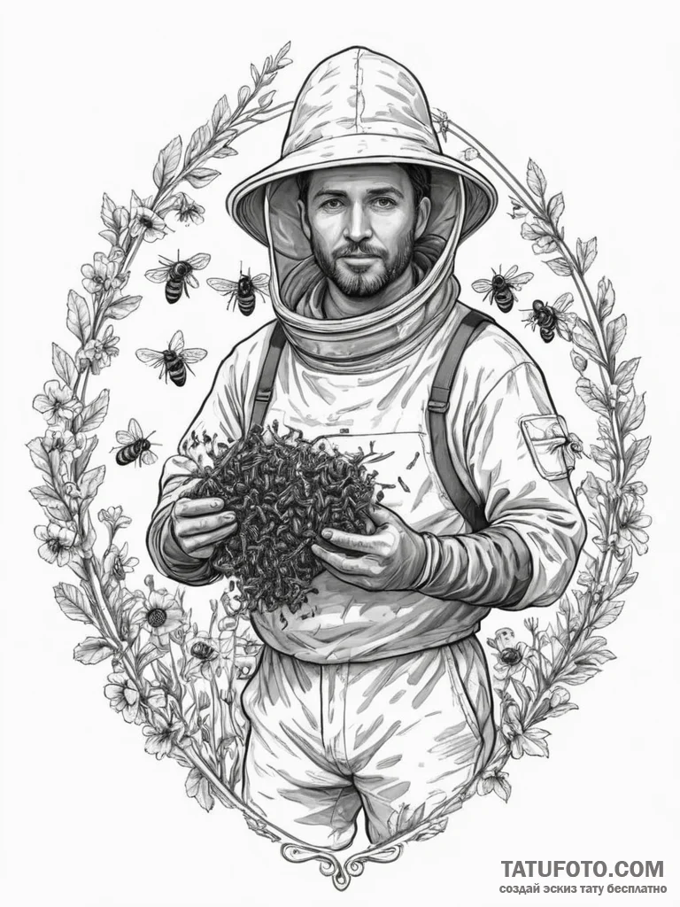 A portrait of a beekeeper holding a frame swa... - эскиз тату (№1754792912_0, 10.08.2025 02:28) — Tatufoto.com