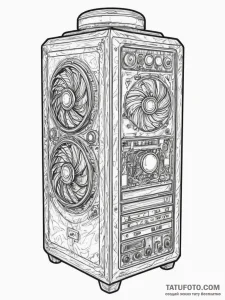 Tattoo sketch a gaming pc tower with glowing... - эскиз тату (№1754795524_0, 10.08.2025 03:12) — Tatufoto.com