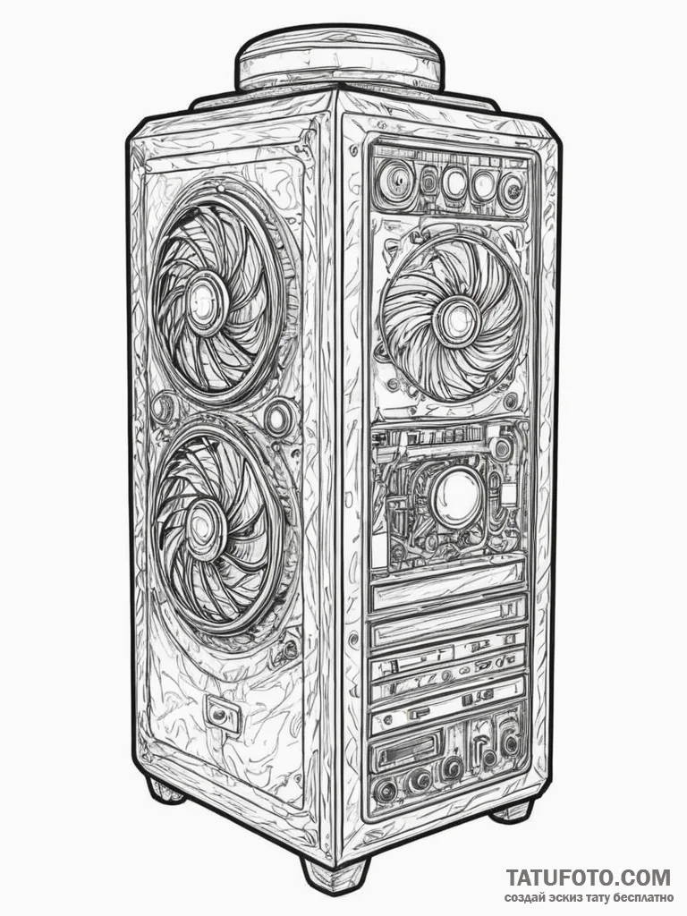 Tattoo sketch a gaming pc tower with glowing... - эскиз тату (№1754795524_0, 10.08.2025 03:12) — Tatufoto.com