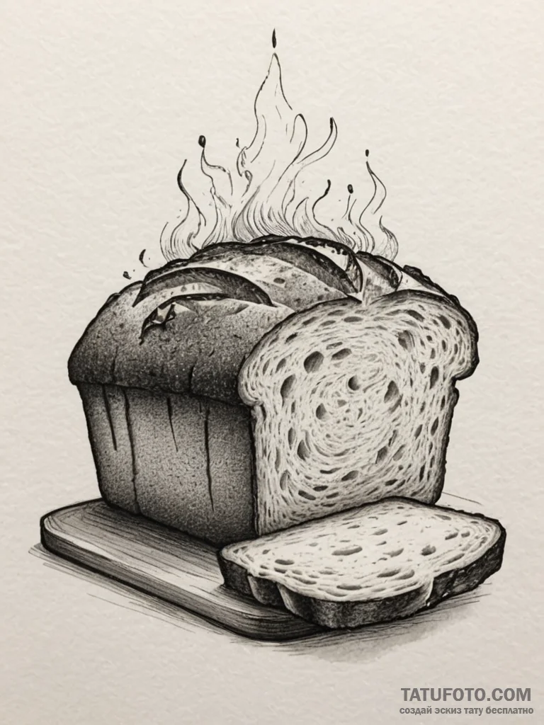 A close-up of a fresh loaf of bread being sli... - эскиз тату (№1754797093_0, 10.08.2025 03:38) — Tatufoto.com