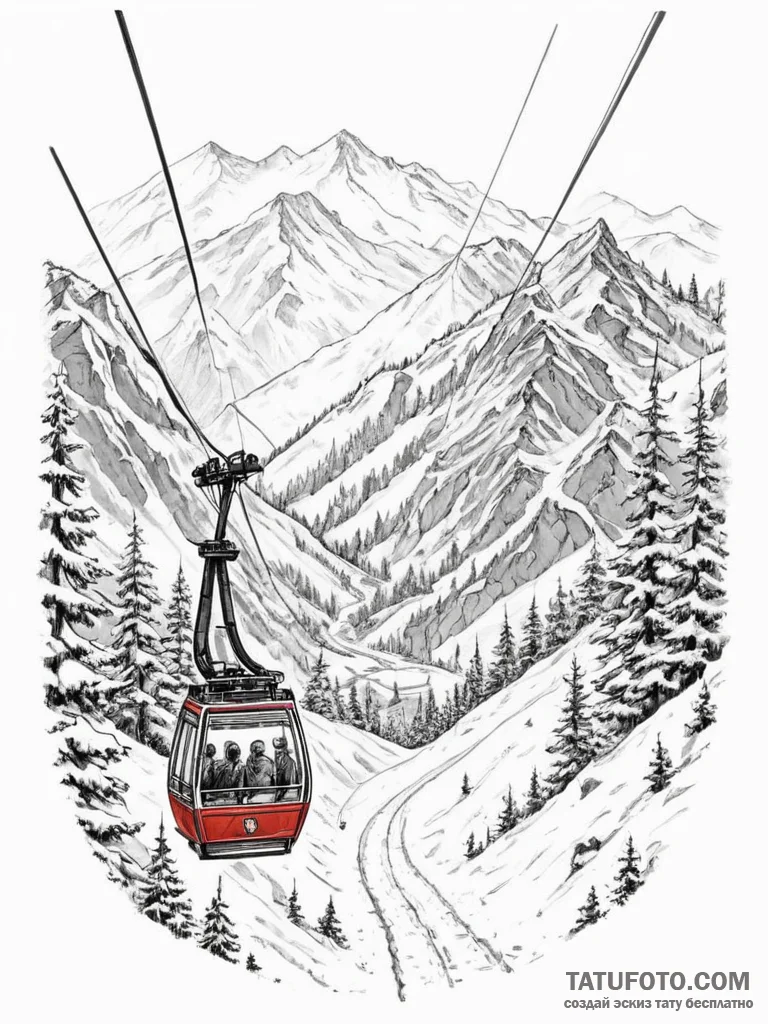 The view from a cable car ascending a snowy m... - эскиз тату (№1754798665_0, 10.08.2025 04:04) — Tatufoto.com