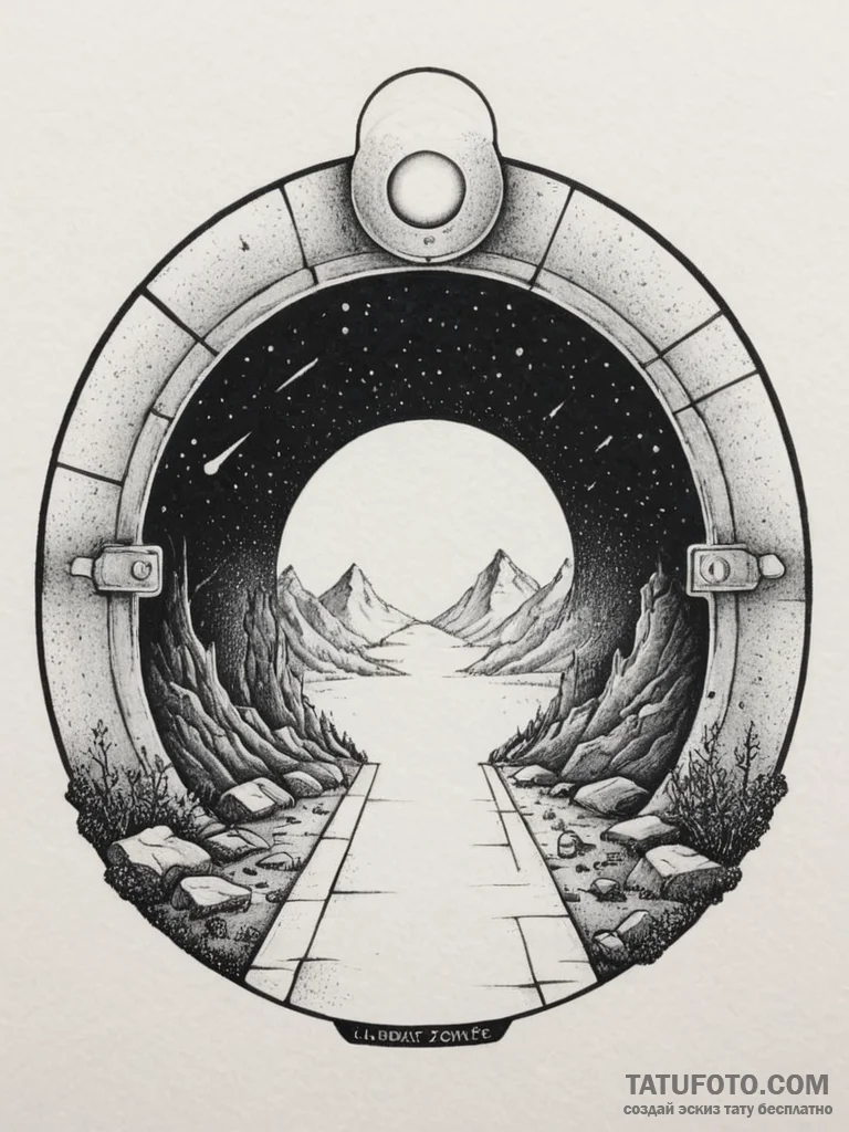 Tattoo sketch a glowing "loading zone" portal... - эскиз тату (№1754799259_0, 10.08.2025 04:14) — Tatufoto.com