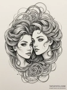 Tattoo sketch gemini faces dissolving into a... - эскиз тату (№1754802035_0, 10.08.2025 05:00) — Tatufoto.com