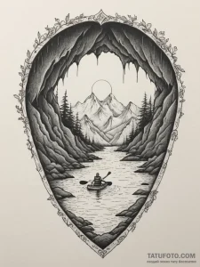 A kayaking trip through a narrow, serene sea... - эскиз тату (№1754825992_0, 10.08.2025 11:39) — Tatufoto.com