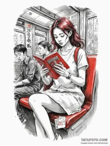 A young woman reading a book on a crowded tok... - эскиз тату (№1754826389_0, 10.08.2025 11:46) — Tatufoto.com