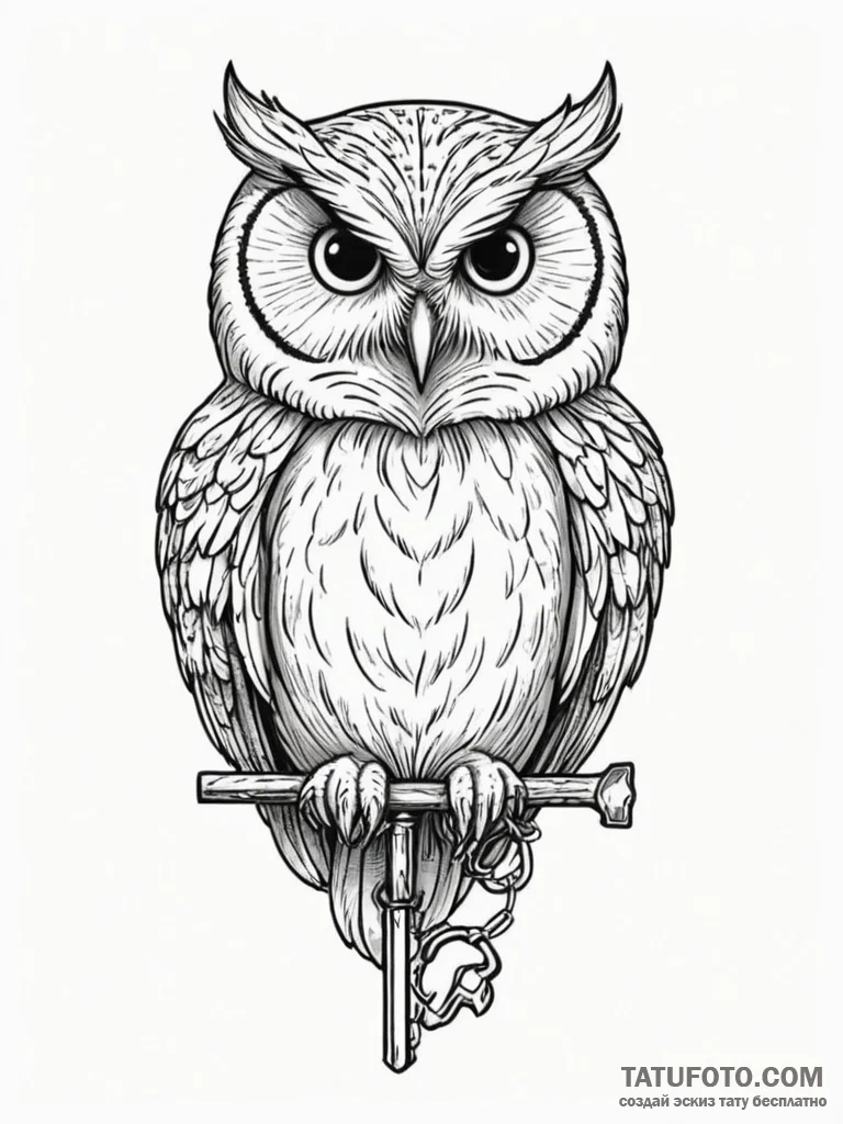 Owl with key, tattoo sketch design, black out... - эскиз тату (№1754838474_0, 10.08.2025 15:07) — Tatufoto.com