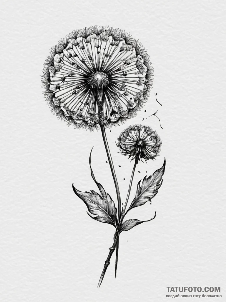 Tattoo sketch a dandelion with seeds blowing... - эскиз тату (№1754839282_0, 10.08.2025 15:21) — Tatufoto.com