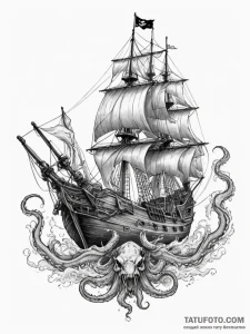 Pirate ship fighting a kraken, tattoo sketch... - эскиз тату (№1754841677_0, 10.08.2025 16:01) — Tatufoto.com