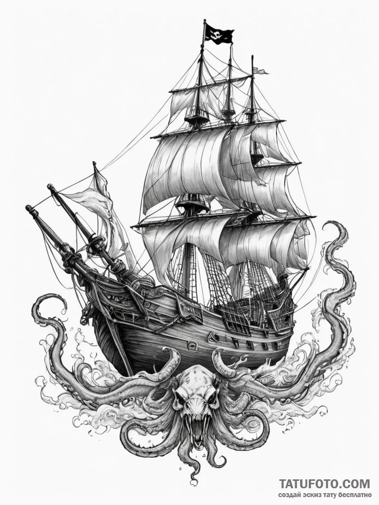 Pirate ship fighting a kraken, tattoo sketch... - эскиз тату (№1754841677_0, 10.08.2025 16:01) — Tatufoto.com