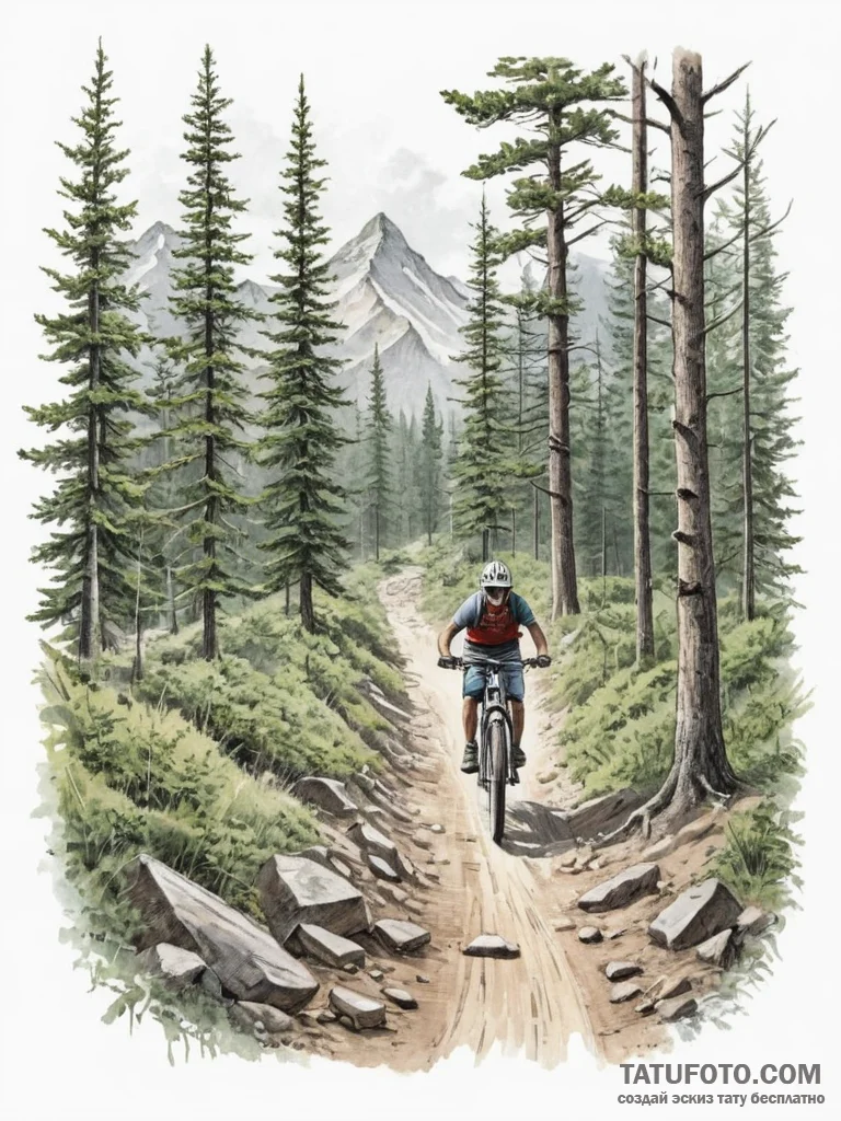 A shot of a mountain biker navigating a narro... - эскиз тату (№1754845062_0, 10.08.2025 16:57) — Tatufoto.com