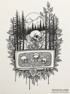Tv with a forest growing out of the screen, i... - эскиз тату (№1754848279_0, 10.08.2025 17:51) — Tatufoto.com