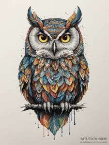 Owl, watch - цветная яркая, высокая детализация - эскиз тату (№1754851434_0, 10.08.2025 18:43) — Tatufoto.com