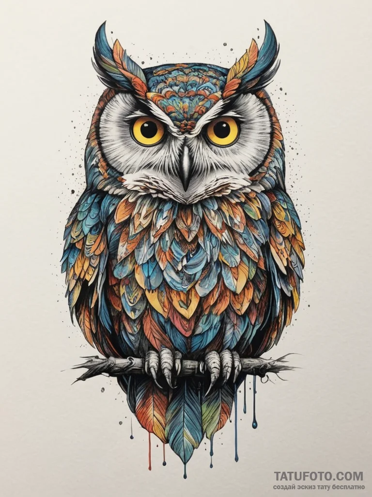 Owl, watch - цветная яркая, высокая детализация - эскиз тату (№1754851434_0, 10.08.2025 18:43) — Tatufoto.com