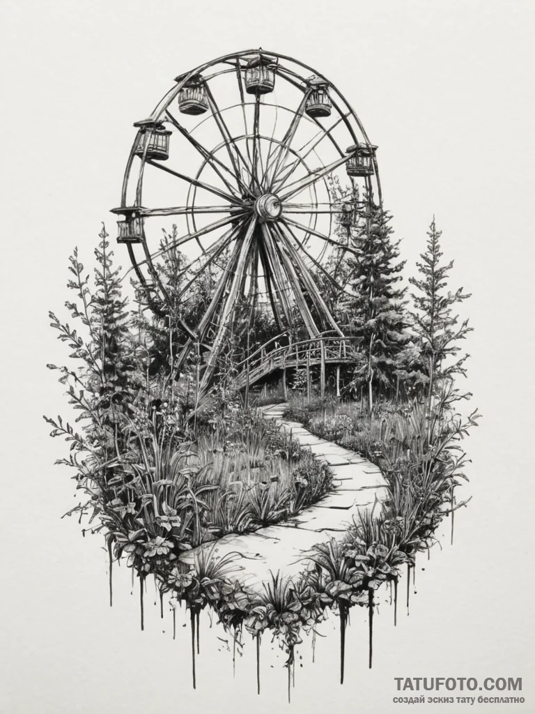 An abandoned amusement park, rusty and overgr... - эскиз тату (№1754851465_0, 10.08.2025 18:44) — Tatufoto.com