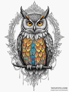 Owl, watch - цветная яркая, высокая детализация - эскиз тату (№1754851527_0, 10.08.2025 18:45) — Tatufoto.com