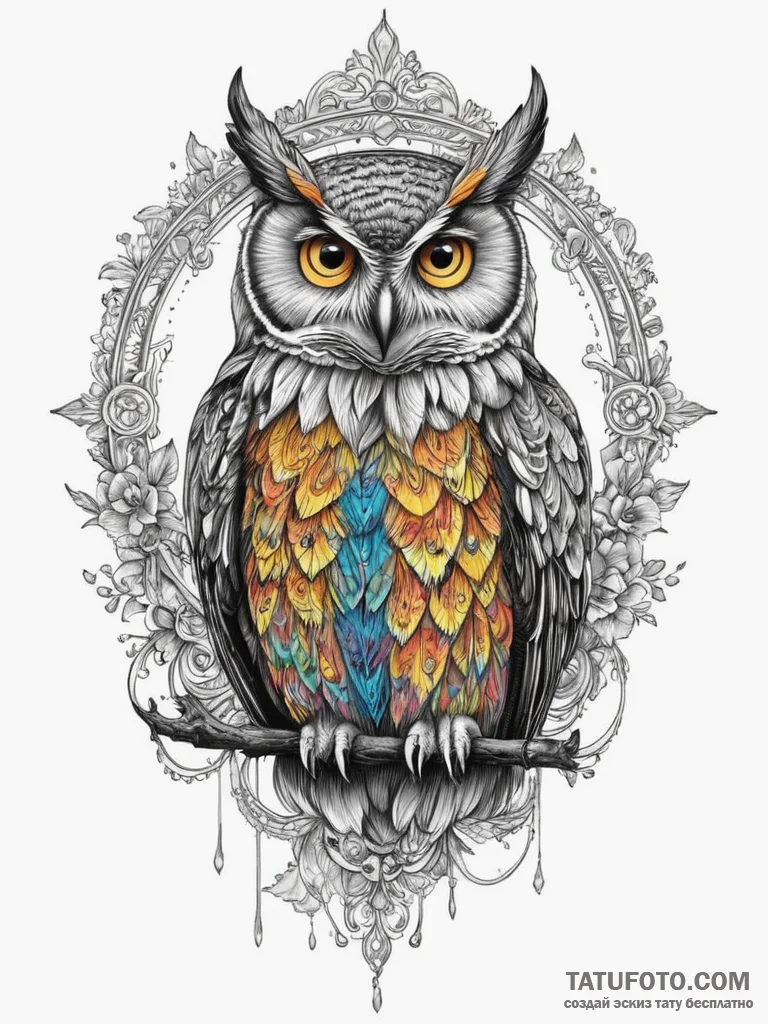 Owl, watch - цветная яркая, высокая детализация - эскиз тату (№1754851527_0, 10.08.2025 18:45) — Tatufoto.com